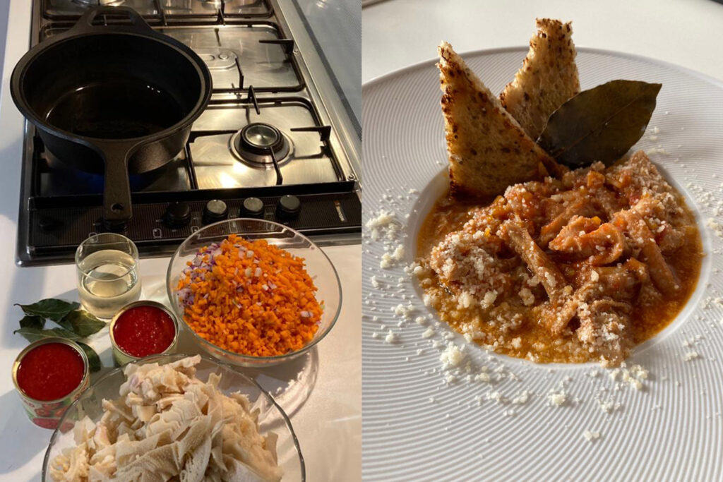 Ingredienti e trippa in umido